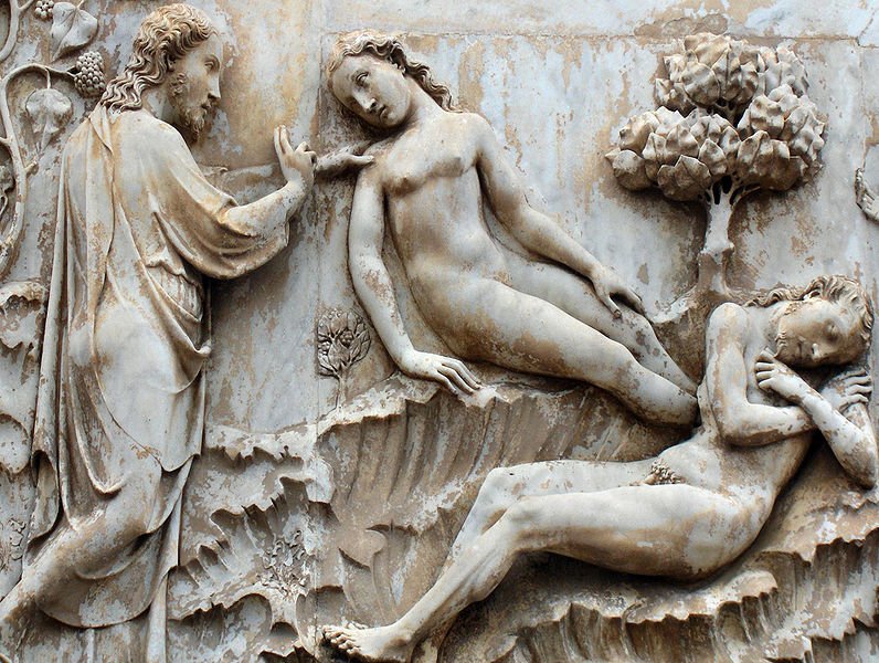 Genesis: Creation of Eve; marble relief on the left pier of the façade of the cathedral; Orvieto, Italy. Copyright Georges Jansoone 2008; source: wikipedia.